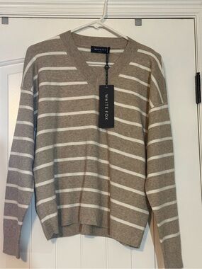 White fox Women's Taupe & cream Striped V-Neck Sweater